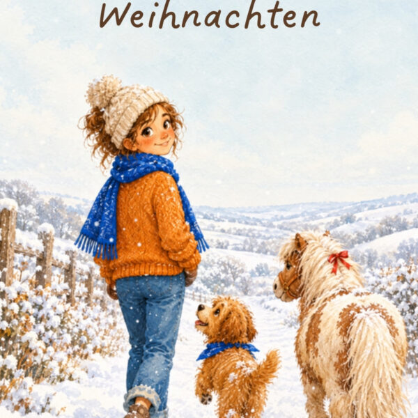 Weihnachtskarten zum Ausdrucken im Aquarellstil mit Frau, Hund und geschecktem Pony im Schnee