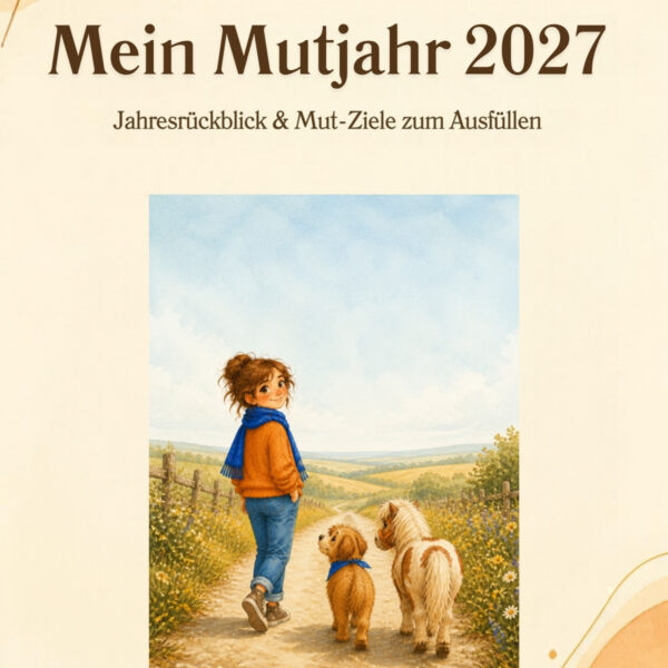 Arbeitsheft Mein Mutjahr 2027 zum Ausdrucken, Titelseite mit Frau, Hund und Pony auf einem Feldweg