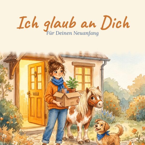 Cover des Mutmacher-Büchleins Ich glaub an Dich mit Aquarellbild von Frau, Hund und Pony