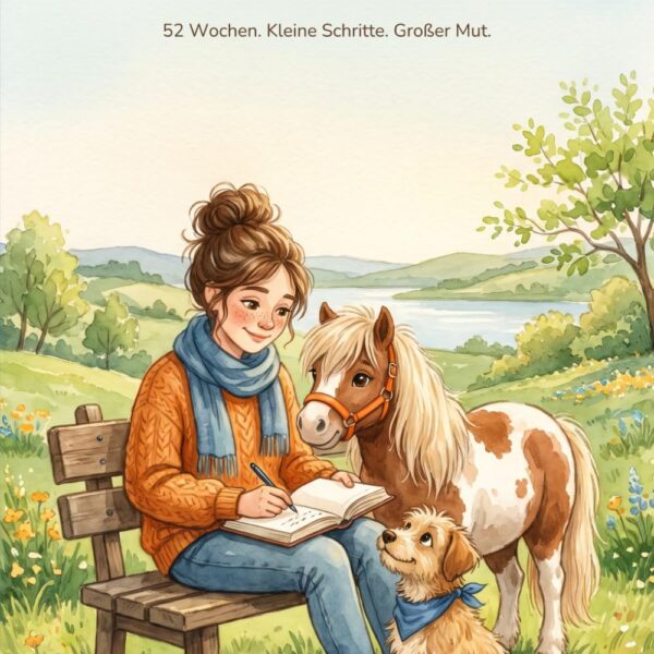 Cover des Mut-Journals 52 Wochen mit Aquarellbild von Frau, Hund und Pony