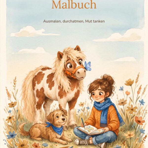 Cover des Mutmacher-Malbuchs mit Ausmalmotiv von Frau, Hund und Pony