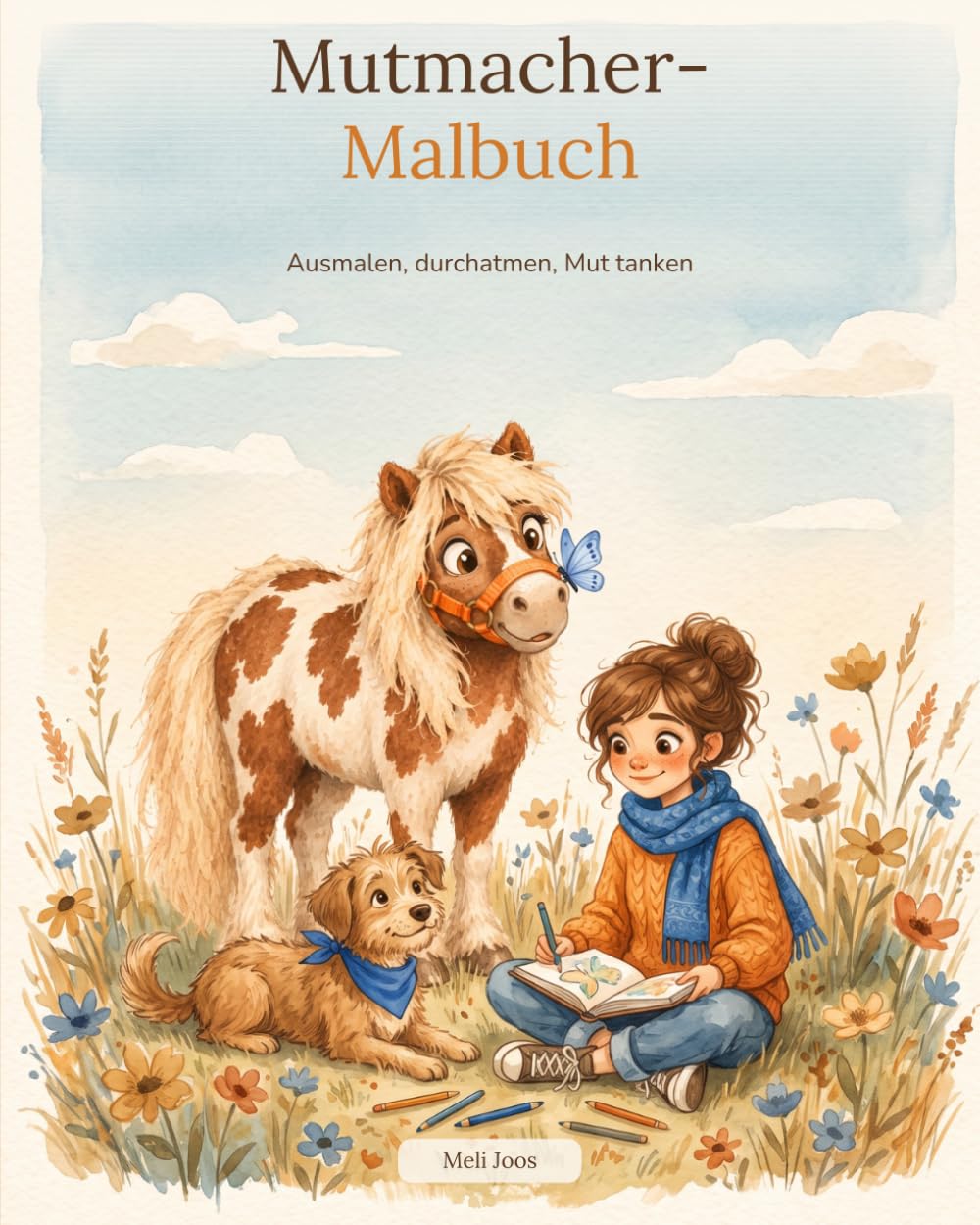 71keEPdi8JL._SL1250_.jpg Cover des Mutmacher-Malbuchs mit Ausmalmotiv von Frau, Hund und Pony