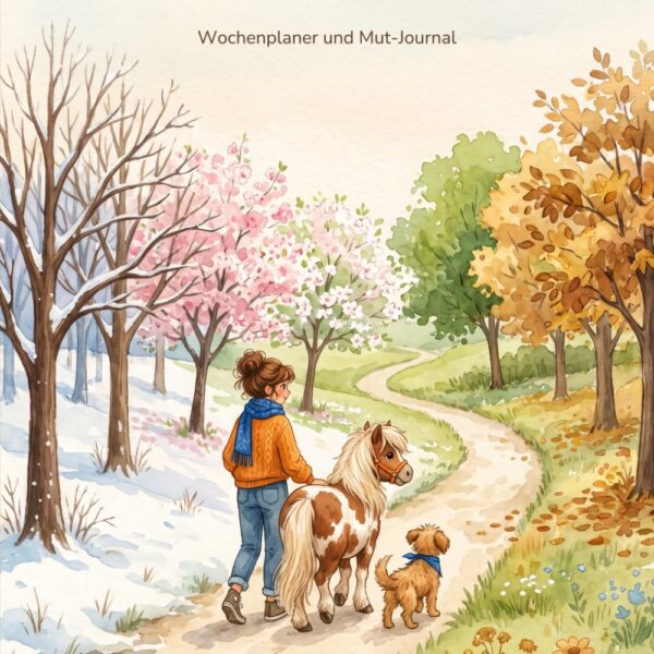 Cover des Wochenplaners Mein Mutjahr 2027 mit Aquarellbild von Frau, Hund und Pony