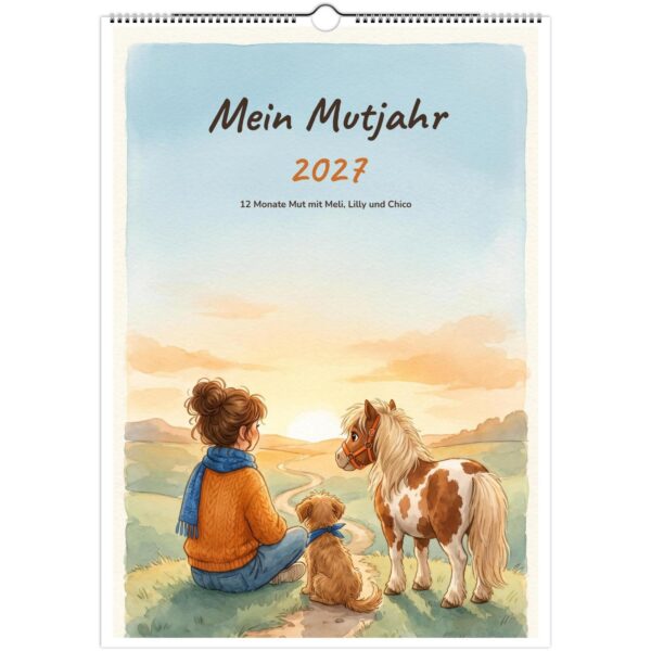 Wandkalender 2027 A3 Mein Mutjahr mit Aquarellbild von Frau, Hund und Pony