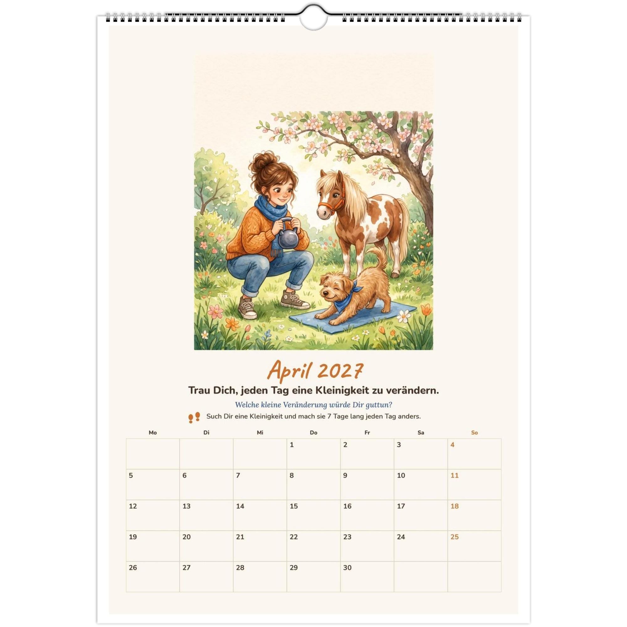 il_fullxfull.8738198674_qeoz.jpg Wandkalender 2027 A3 Mein Mutjahr mit Aquarellbild von Frau, Hund und Pony
