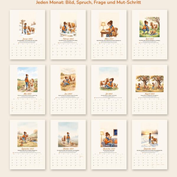 Wandkalender 2027 A3 Mein Mutjahr mit Aquarellbild von Frau, Hund und Pony