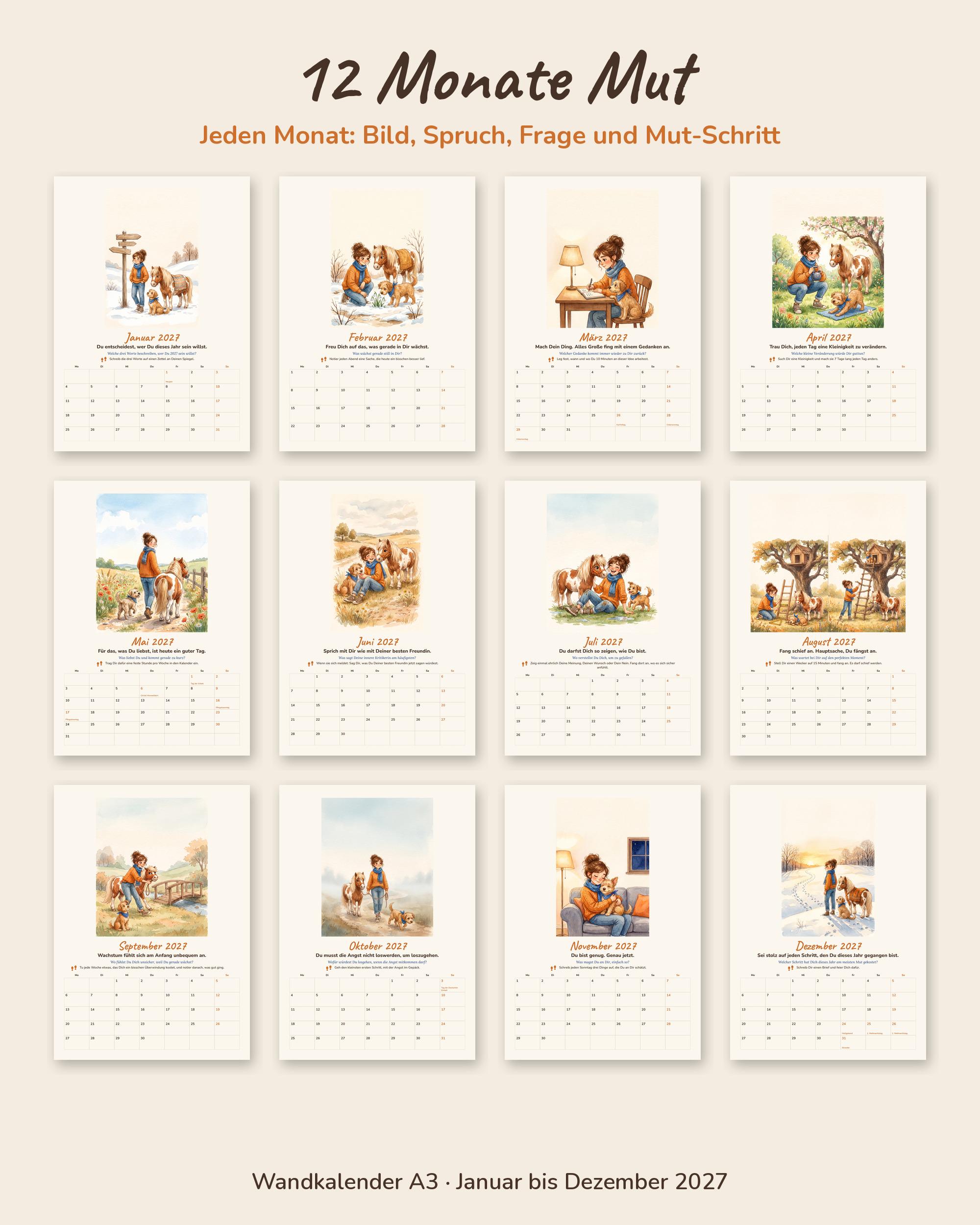 il_fullxfull.8738201492_h3zu.jpg Wandkalender 2027 A3 Mein Mutjahr mit Aquarellbild von Frau, Hund und Pony