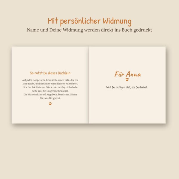 Personalisiertes Mutmacher-Buch mit Namen auf dem Cover und Aquarellbild von Frau, Hund und Pony
