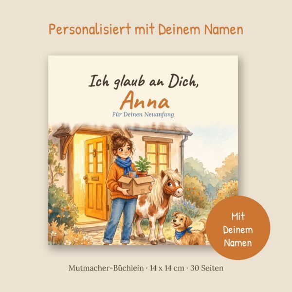 Personalisiertes Mutmacher-Buch mit Namen auf dem Cover und Aquarellbild von Frau, Hund und Pony