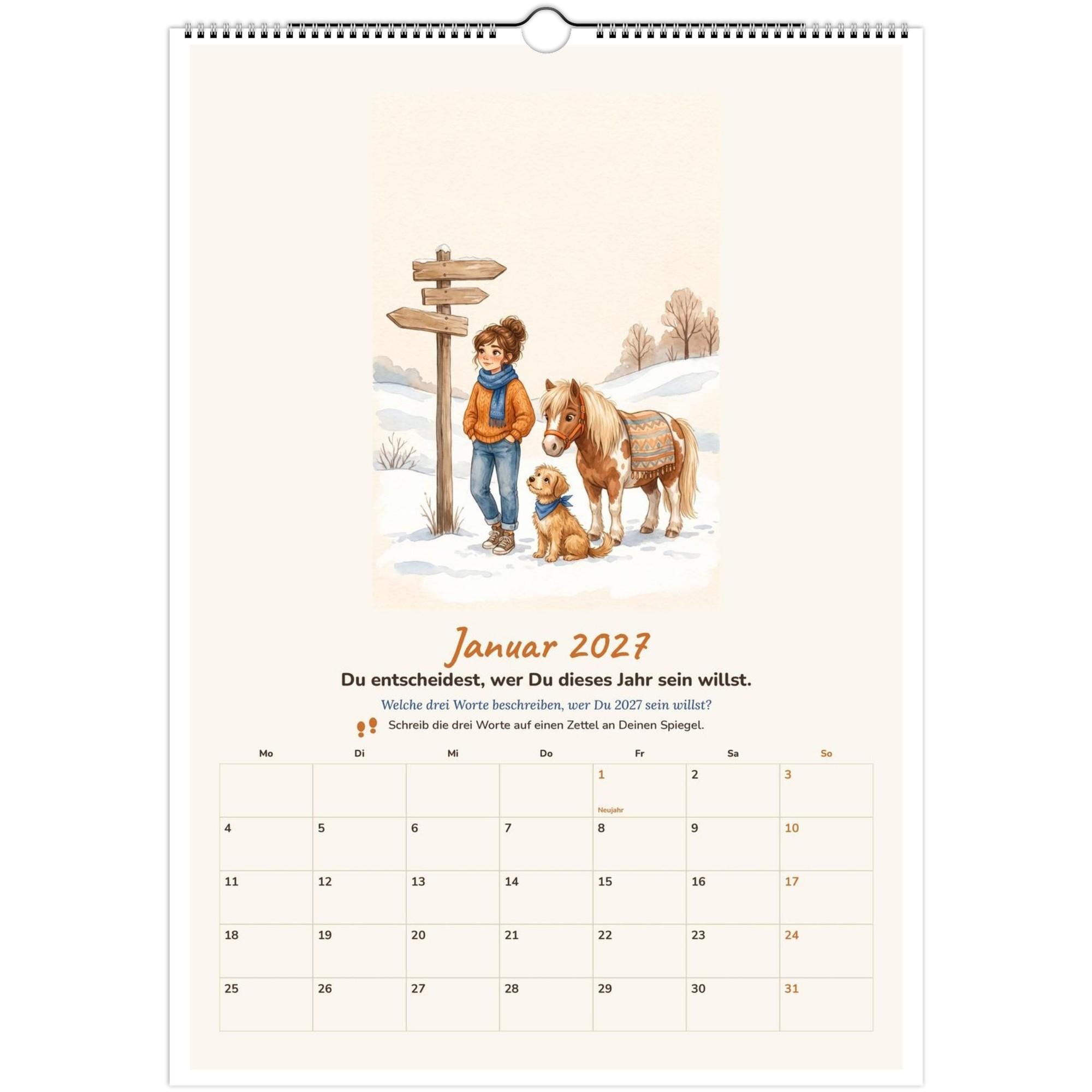 il_fullxfull.8786024129_pu98.jpg Wandkalender 2027 A3 Mein Mutjahr mit Aquarellbild von Frau, Hund und Pony