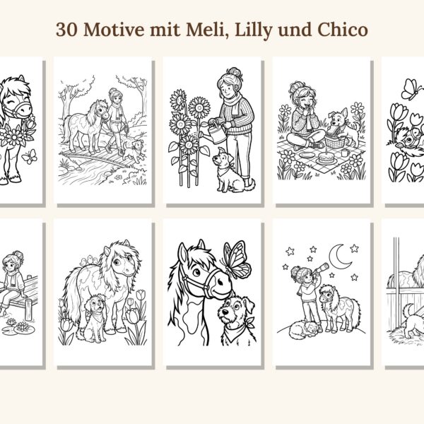 Mutmacher-Malbuch zum Ausdrucken mit Ausmalbildern von Frau, Hund und Pony