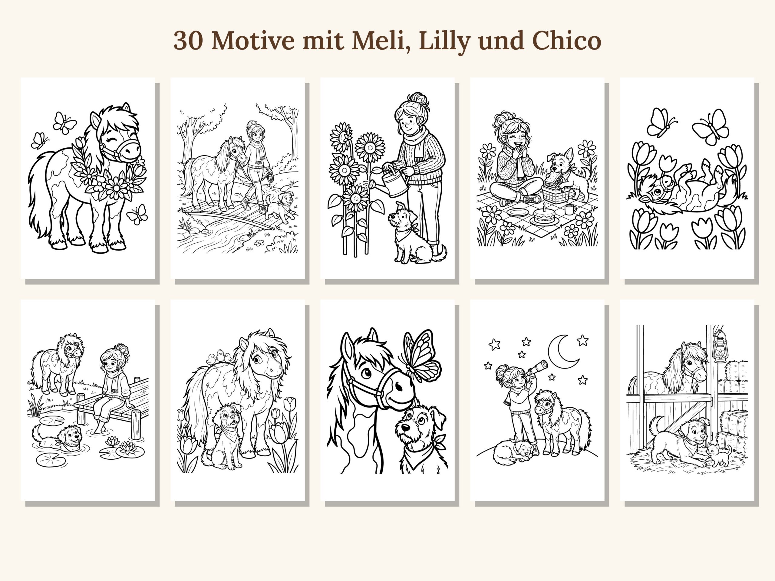 mutmacher-malbuch-02_motive Mutmacher-Malbuch zum Ausdrucken mit Ausmalbildern von Frau, Hund und Pony