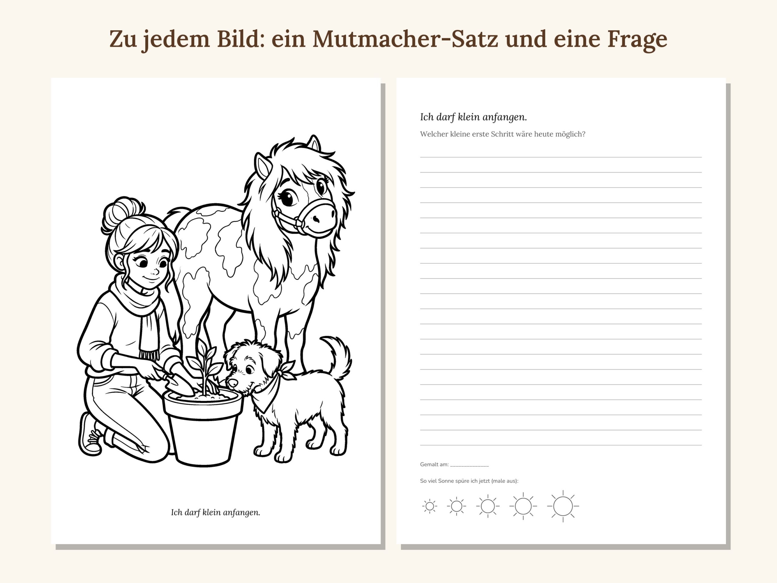 mutmacher-malbuch-03_bild_und_frage Mutmacher-Malbuch zum Ausdrucken mit Ausmalbildern von Frau, Hund und Pony