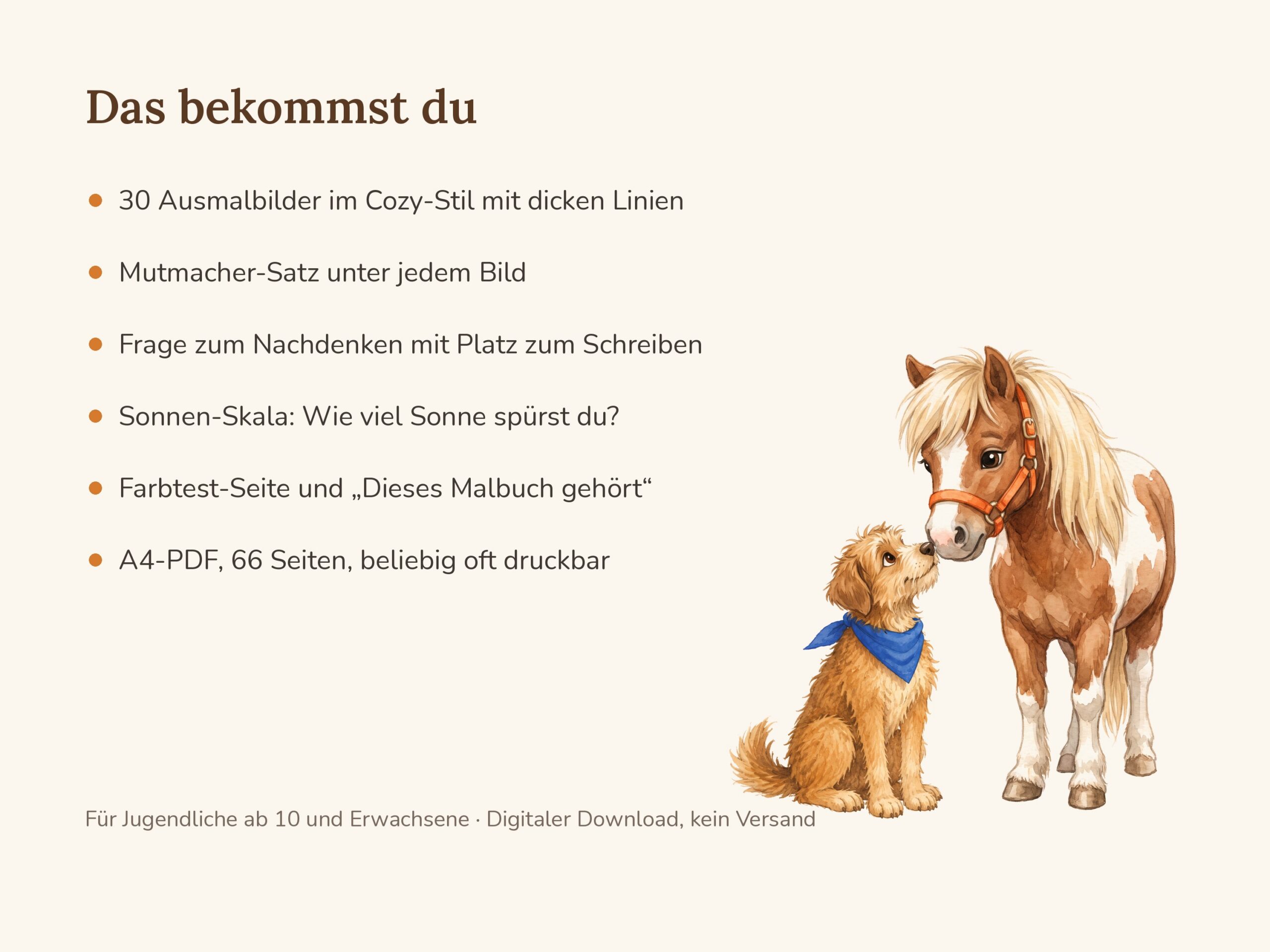 mutmacher-malbuch-04_inhalt Mutmacher-Malbuch zum Ausdrucken mit Ausmalbildern von Frau, Hund und Pony